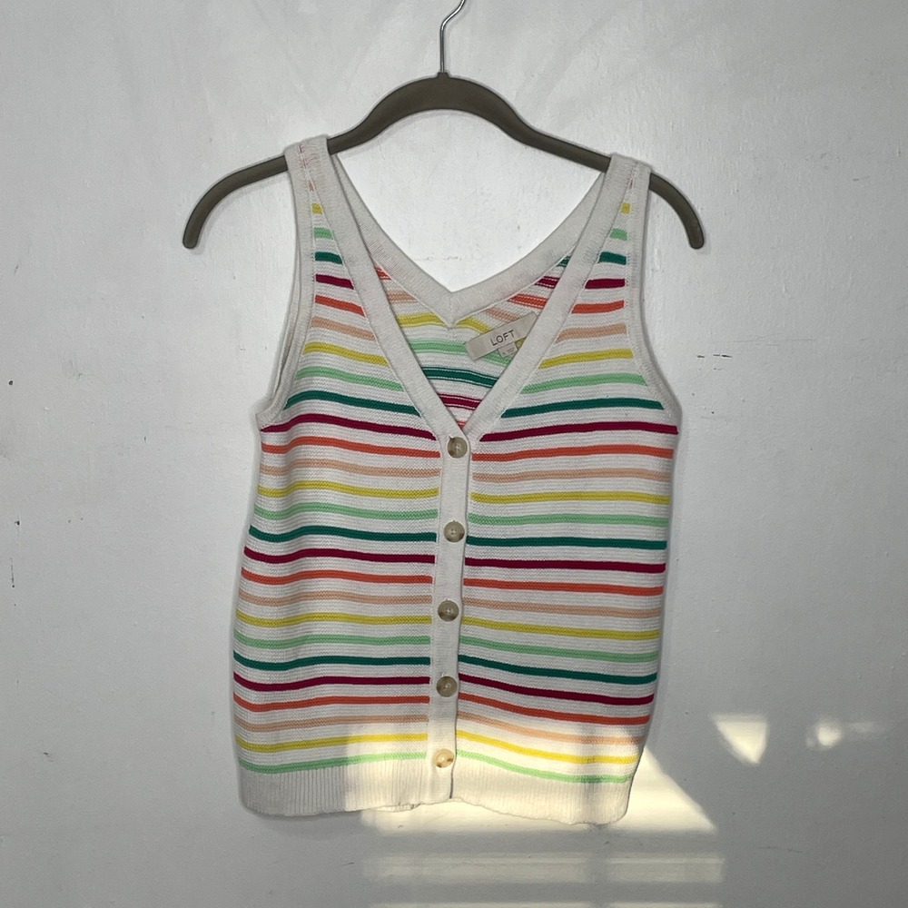 Loft Womens Rainbow Stripe Knit Sweater Vest V-Neck Button Front‎ White Small